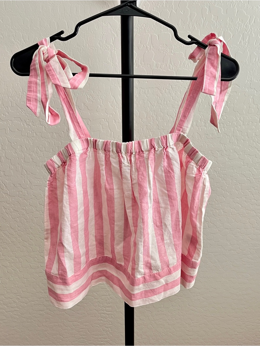 J. Crew Pink and White Striped Linen Tie-Shoulder Tank